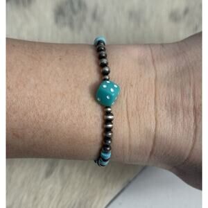 Native American Sterling Silver Navajo Pearl Turquoise Stretch Bracelet Dice